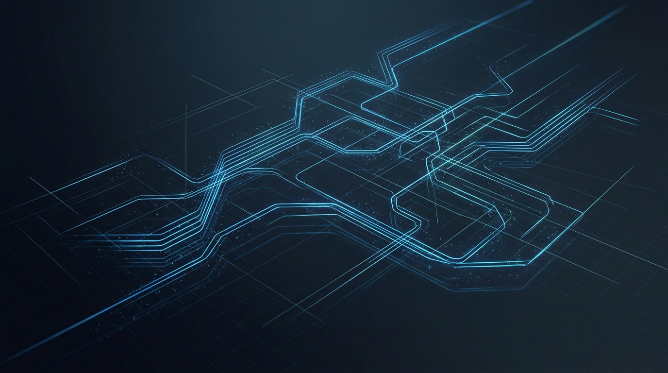Dark atmospheric optical network with glowing electric blue fibre optic light paths and signal traces branching through deep navy background, suggesting EDFA amplifier internals and precision optical engineering.