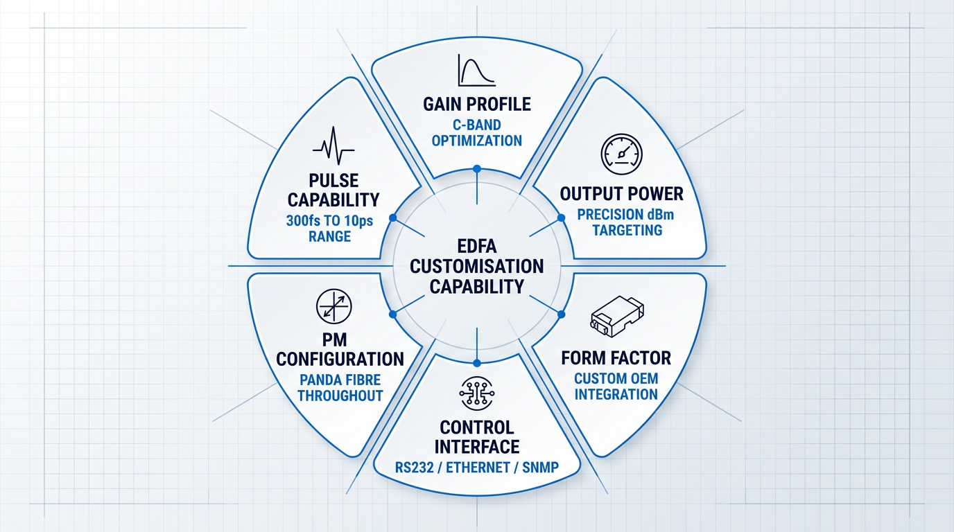 Radial customisation diagram with six equal segments: Gain Profile, Output Power, Form Factor, Control Interface, PM Configuration, and Pulse Capability radiating from central EDFA Customisation Capability hub, each with icon and specification detail.