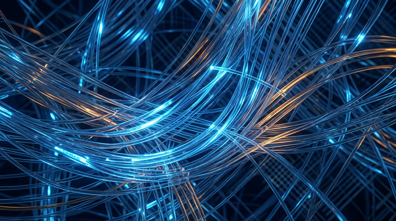 Close-up of glowing optical fibre strands with luminous electric blue cores and warm amber accents, rendered at macro scale with realistic refraction and internal light scattering.