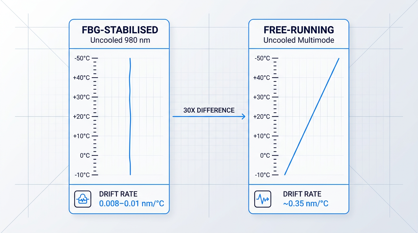 Side-by-side comparison of wavelength drift rates: FBG-stabilised uncooled 980nm pump showing minimal vertical drift (0.008–0.01 nm/°C) versus free-running uncooled multimode showing dramatic diagonal drift (0.35 nm/°C) across temperature range, with 30x difference annotation.