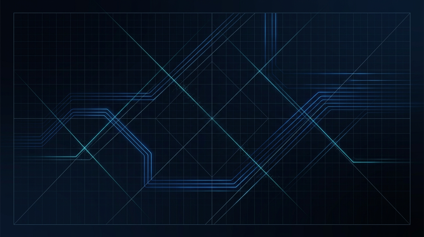 Dark navy optical engineering environment with electric blue fiber optic traces and laser beam paths threading through geometric grid lines and construction geometry, suggesting precision EDFA manufacturing systems.