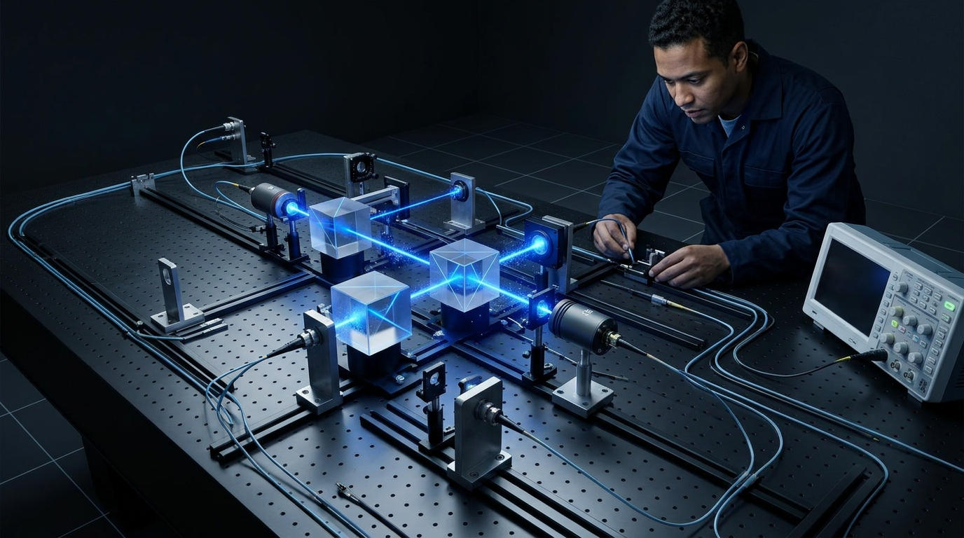 Quantum optics laboratory bench with beam splitters, single-photon detectors, and fiber-coupled optical components under directional cool lighting, with engineer in lab coat operating the precision instrumentation.