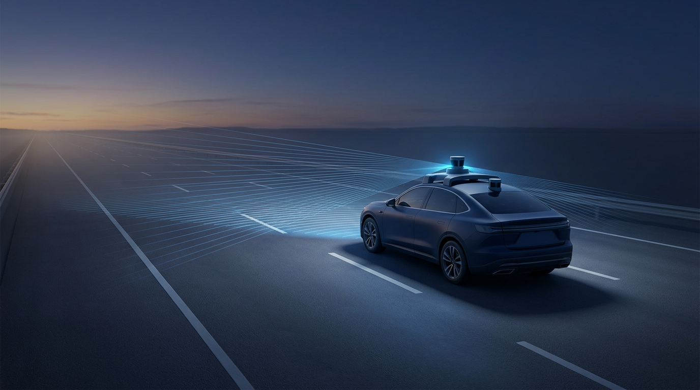 Autonomous vehicle on highway at dusk with LiDAR sensor units mounted on roof, emitting electric blue laser scan lines radiating outward into the environment ahead.
