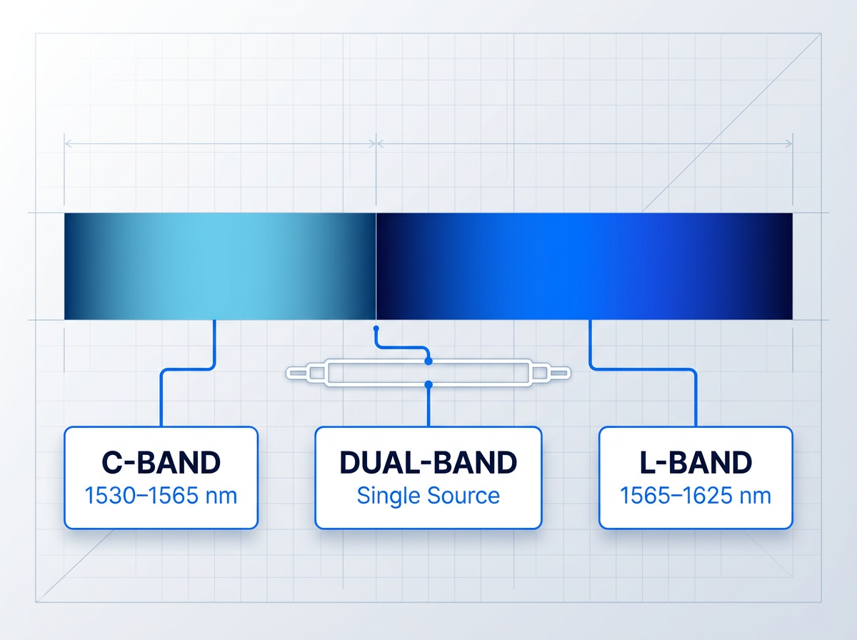 Wavelength spectrum diagram spanning 1530–1625 nm with C-band (1530–1565 nm) in cyan and L-band (1565–1625 nm) in electric blue, cable icon indicating dual-band delivery, labeled containers below showing band ranges and single-source configuration.