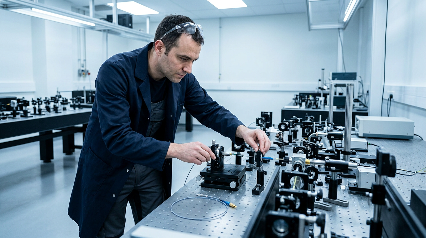 Researcher in navy lab coat adjusting fiber-coupled optical components on precision bench in bright laboratory, with mounted collimators and measurement equipment visible.