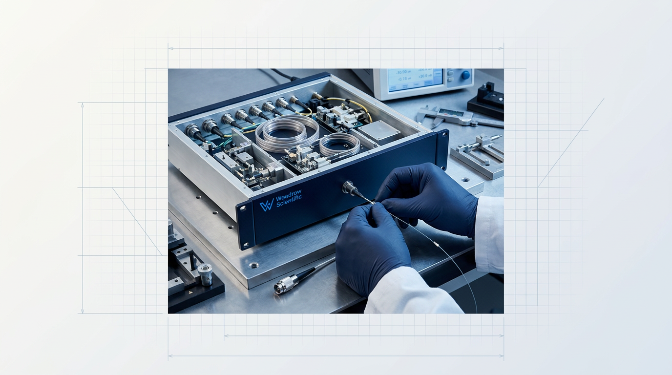 Technician in white lab coat and navy gloves assembling a custom EDFA module on a precision workbench, positioning a fibre-optic connector into the open module faceplate with visible internal optical components and erbium-doped fibre coils.