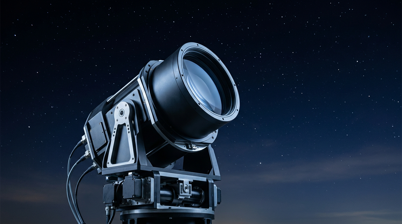 Precision ground-station optical terminal with large free-space optical aperture mounted on stabilized platform, pointed skyward into starlit night sky with visible mechanical alignment systems and fiber-optic cables.