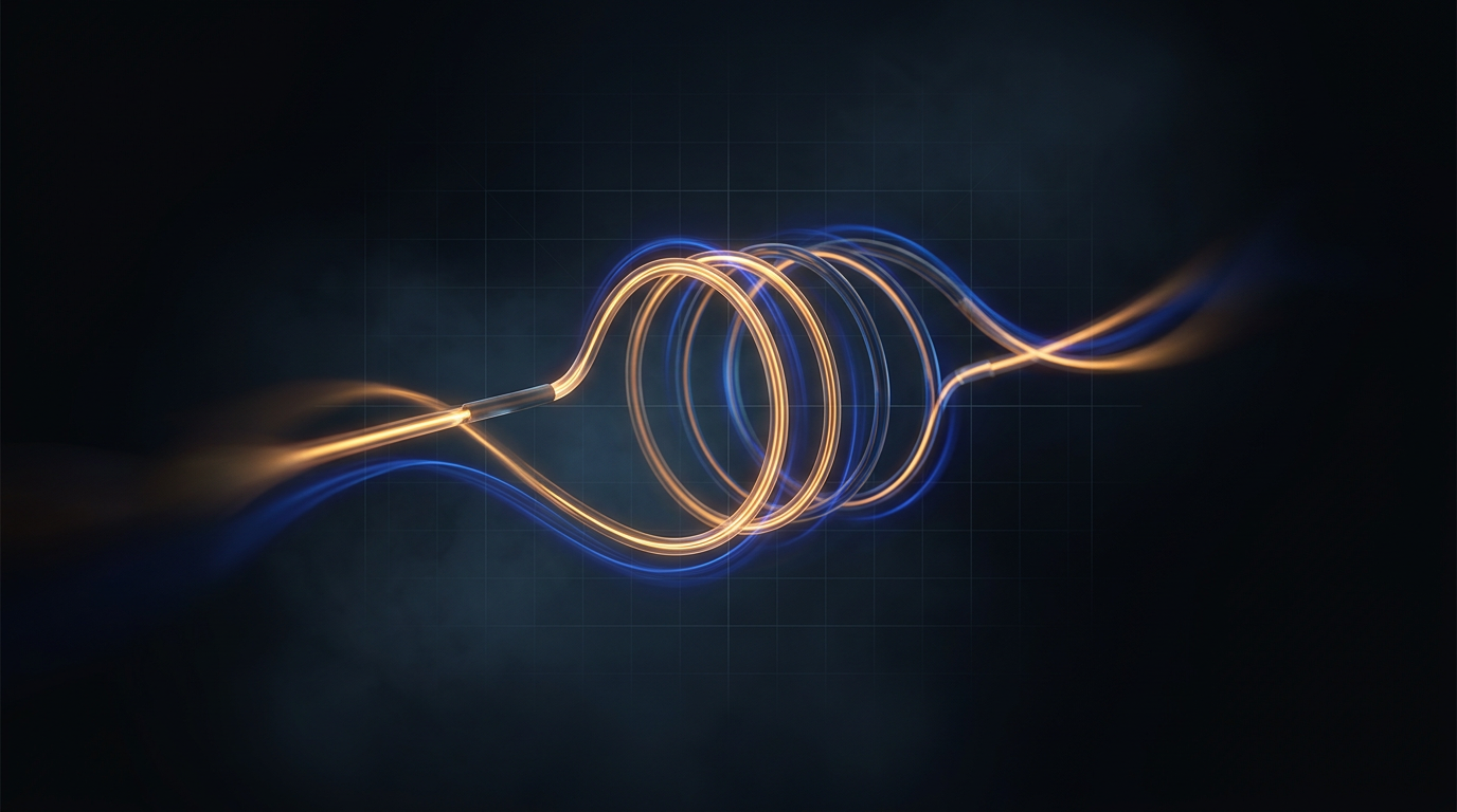 Abstract laser light trails in warm amber and electric blue propagating through coiled single-mode optical fiber against dark navy background, representing high-power EDFA operation.