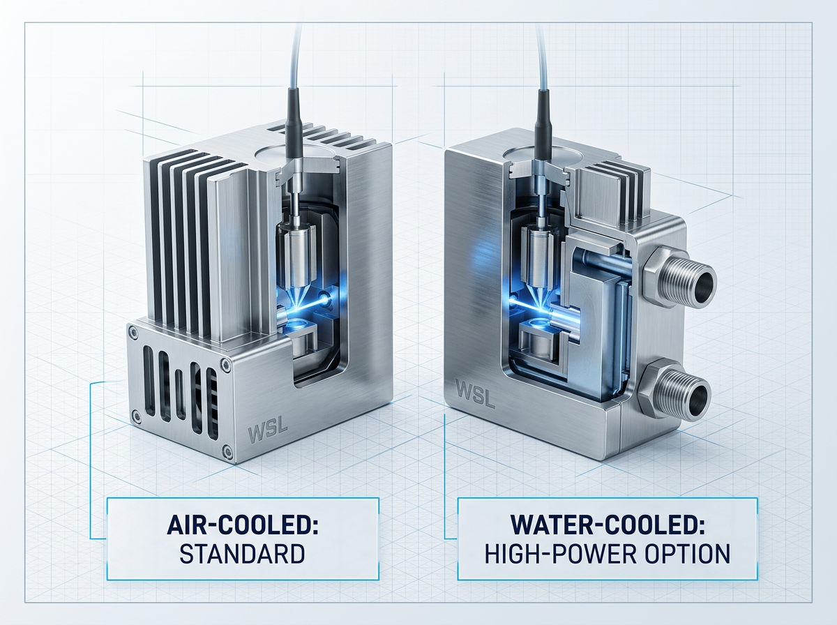 Cutaway view of two EDFA module variants: air-cooled design with vertical cooling fins on left, water-cooled design with coolant ports on right, both showing internal laser cavity with electric blue glow and fiber delivery cable.