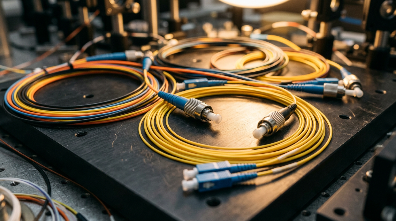 Close-up of coiled single-mode optical fibers and fiber-coupled connectors on a dark technical workbench, illuminated by warm directional lighting that catches the glass cladding.