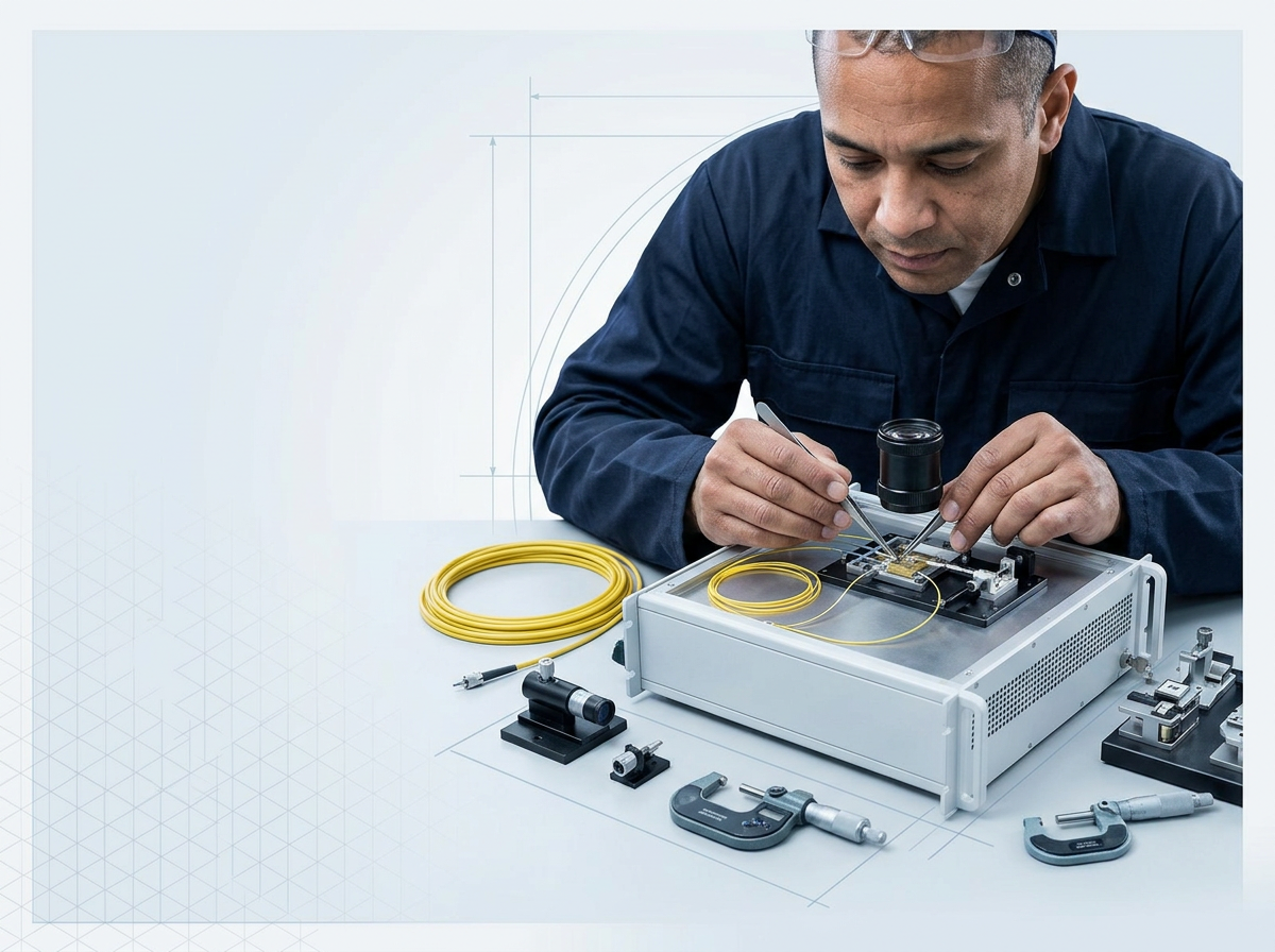 Engineer's hands assembling EDFA module under magnification in bright technical workspace, with optical fibre and precision tooling visible.