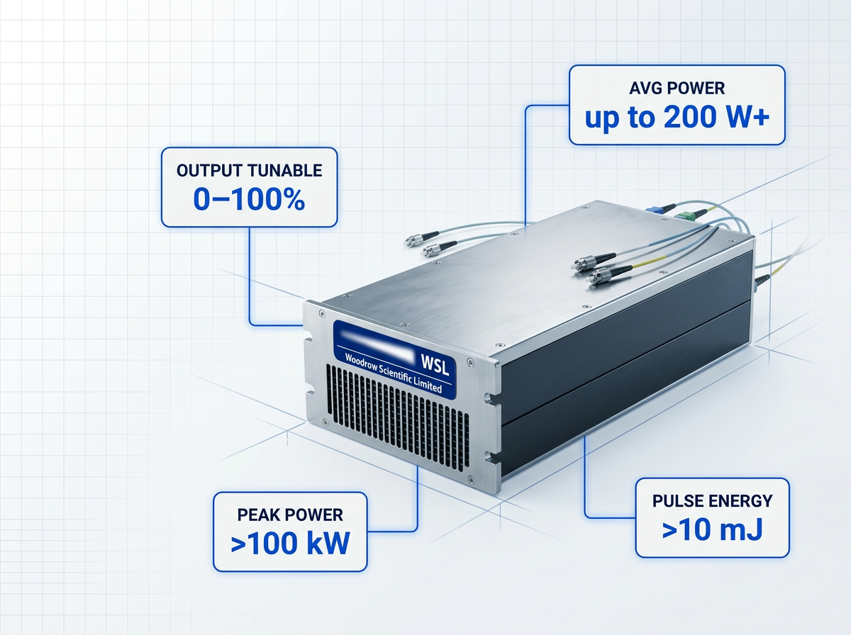 Compact fibre amplifier EDFA module with stainless steel chassis, WSL logo, and fibre connectors, surrounded by four performance specification badges: average power up to 200 W+, pulse energy >10 mJ, peak power >100 kW, and 0–100% tunable output.