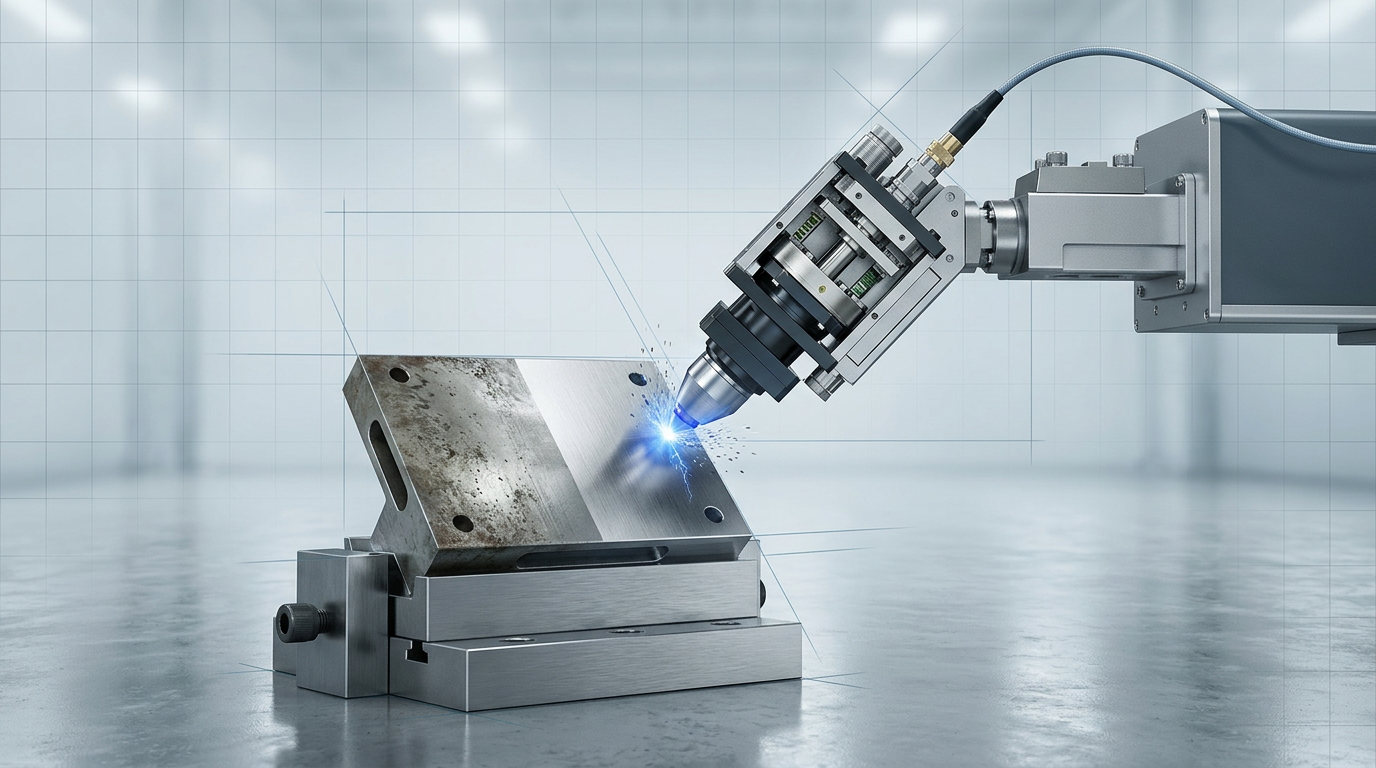 Industrial laser processing head mounted on precision arm performing surface cleaning on metal component, with electric blue laser interaction point visible at contact surface and before/after material contrast.