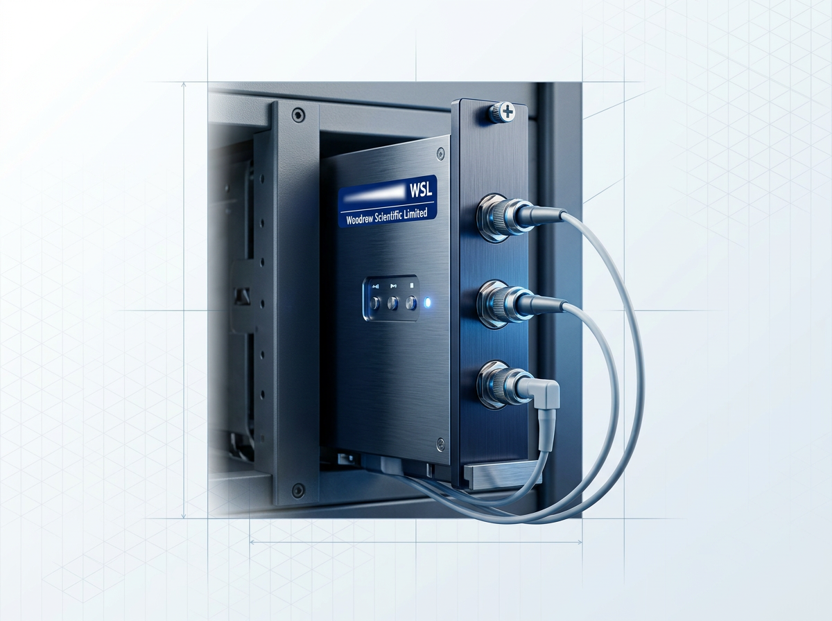 Compact EDFA module mounted in instrument chassis with optical fibre connectors and neatly routed cables, positioned as an integrated system component.
