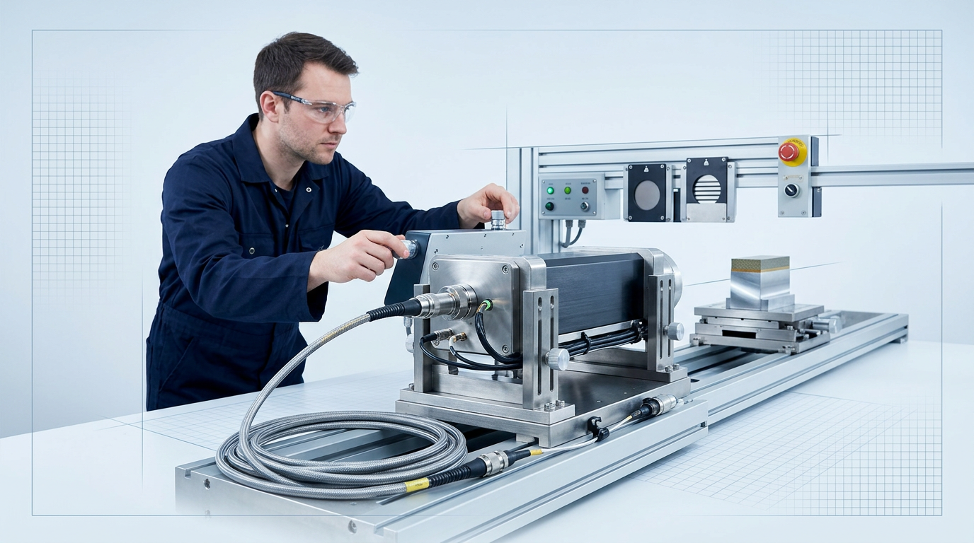 High-power fibre-coupled laser assembly mounted on optical bench with safety interlocks, control panels, and test target material, operator in navy coveralls adjusting precision controls.