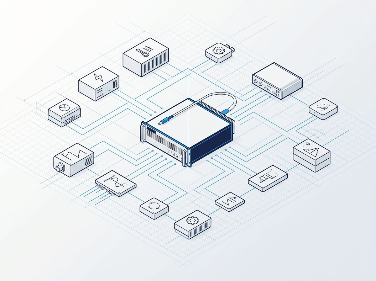 Technical schematic showing a fibre amplifier module at center with surrounding host control architecture, connected by blue circuit-trace routing lines and component subsystems rendered in clean isometric linework.