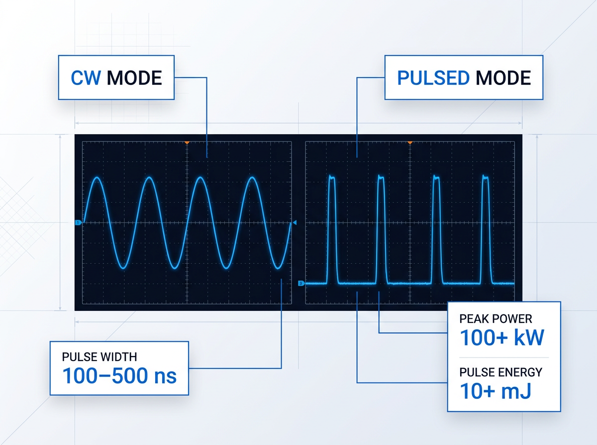 Oscilloscope waveform display showing continuous wave trace on left and short-pulse train on right, with annotated specifications for pulse width (100–500 ns), peak power (100+ kW), and pulse energy (10+ mJ).