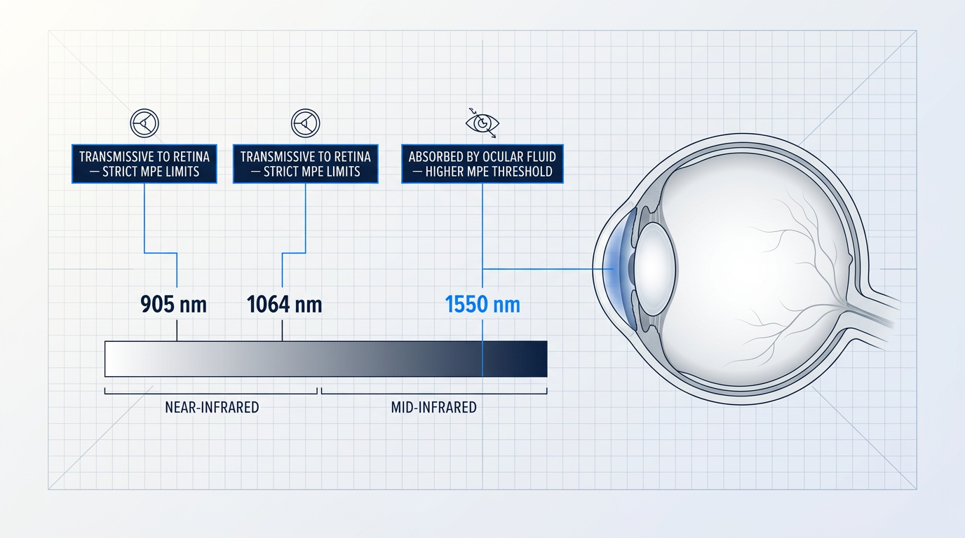 Wavelength comparison diagram showing three infrared bands (905 nm, 1064 nm, 1550 nm) on horizontal spectrum axis with eye-safety classifications and cross-section of human eye illustrating ocular fluid absorption zone at 1550 nm.
