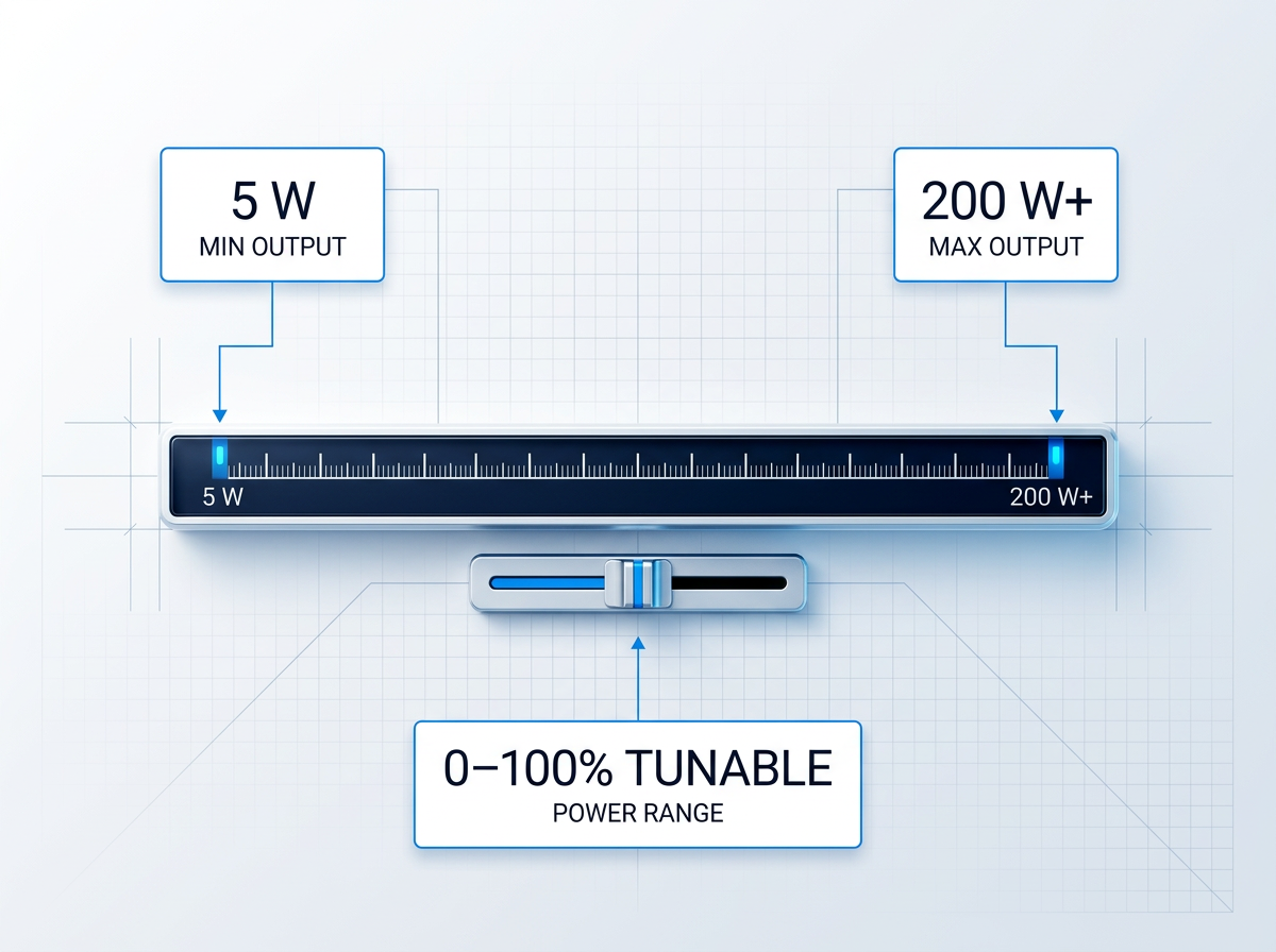 Horizontal power output scale ranging from 5 W to 200 W+ with labeled endpoints, tunable range slider showing 0–100% adjustment, and electric blue connector lines linking data containers to calibration points.