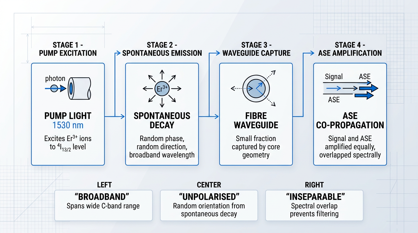 Four-stage flow diagram of ASE generation in erbium-doped fibre amplifier: pump light excites Er³⁺ ions, spontaneous decay releases random-direction photons, fibre waveguide captures fraction of photons, signal and ASE co-propagate and amplify together through gain medium.