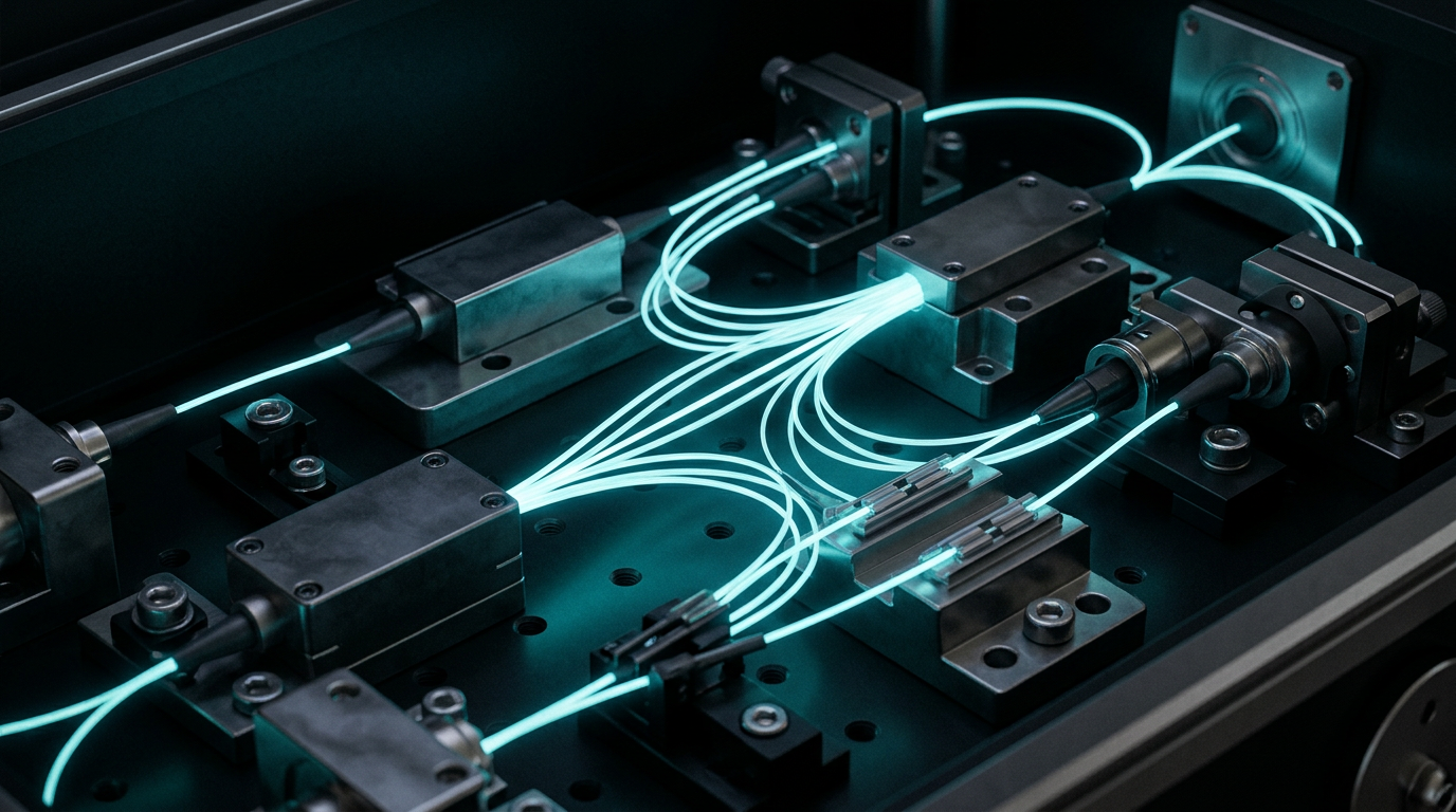 Close-up of erbium-doped fibre amplifier module interior with glowing blue-green optical fibre strands and precision-engineered metal components under controlled directional lighting.