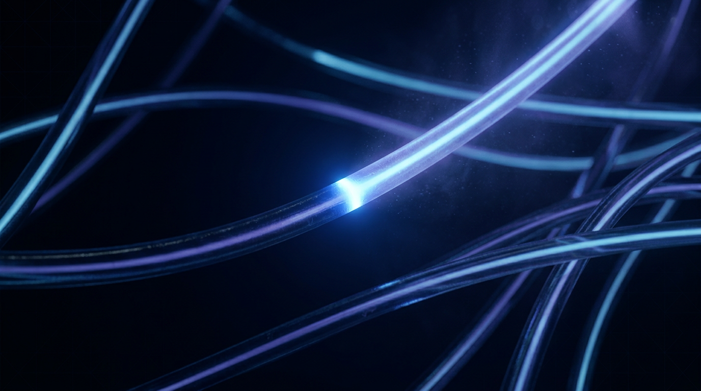 Glowing optical fibre strands illuminated by deep blue 980 nm pump laser, showing cyan-violet fluorescence in erbium-doped core against dark background.