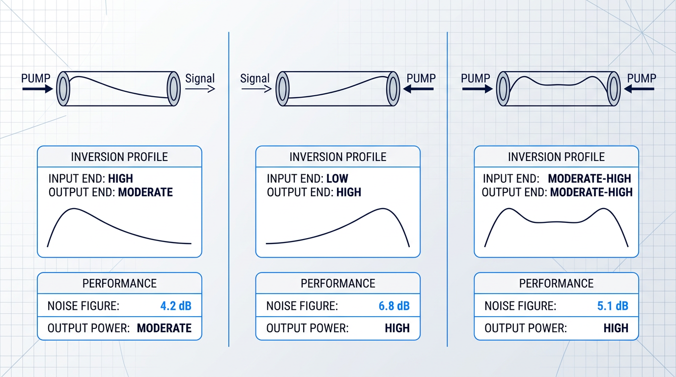 Three-column comparison of EDFA pump configurations showing inversion profiles and performance metrics: co-propagating (high input-end inversion, 4.2 dB NF), counter-propagating (low input-end inversion, 6.8 dB NF), and bidirectional (moderate inversion across fibre, 5.1 dB NF).