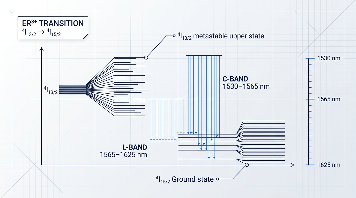 Energy level diagram showing Er³⁺ ion transition from ⁴I₁₃/₂ metastable state to ⁴I₁₅/₂ ground state, with Stark-split sublevels displayed as horizontal lines. Vertical blue arrows indicate radiative transitions, clustered densely for C-band (1530–1565 nm) and less densely for L-band (1565–1625 nm) emission from lower sublevels. Wavelength scale marked on right edge.