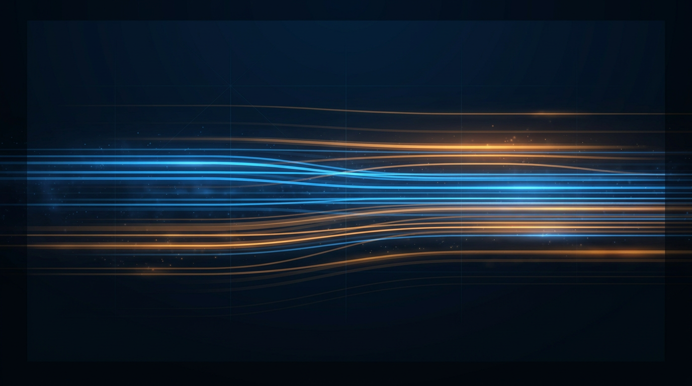 Deep navy gradient background with glowing horizontal spectral wavelength bands in electric blue and amber-orange, representing C-band EDFA signal amplification and pump wavelengths with faint geometric grid overlay.