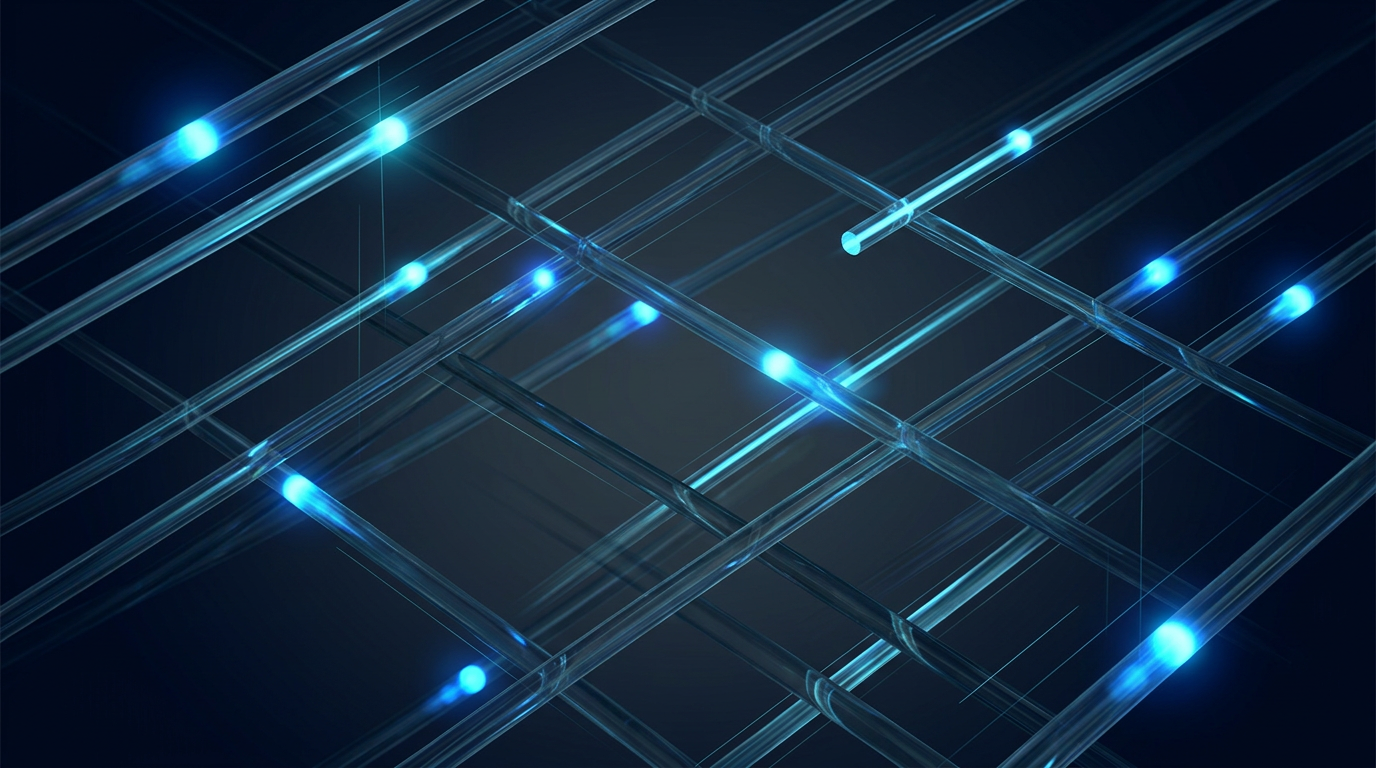 Glowing optical fiber strands transmitting cyan and electric blue light pulses through deep navy and charcoal environment, representing high-speed fiber optic signal transmission and precision engineering.