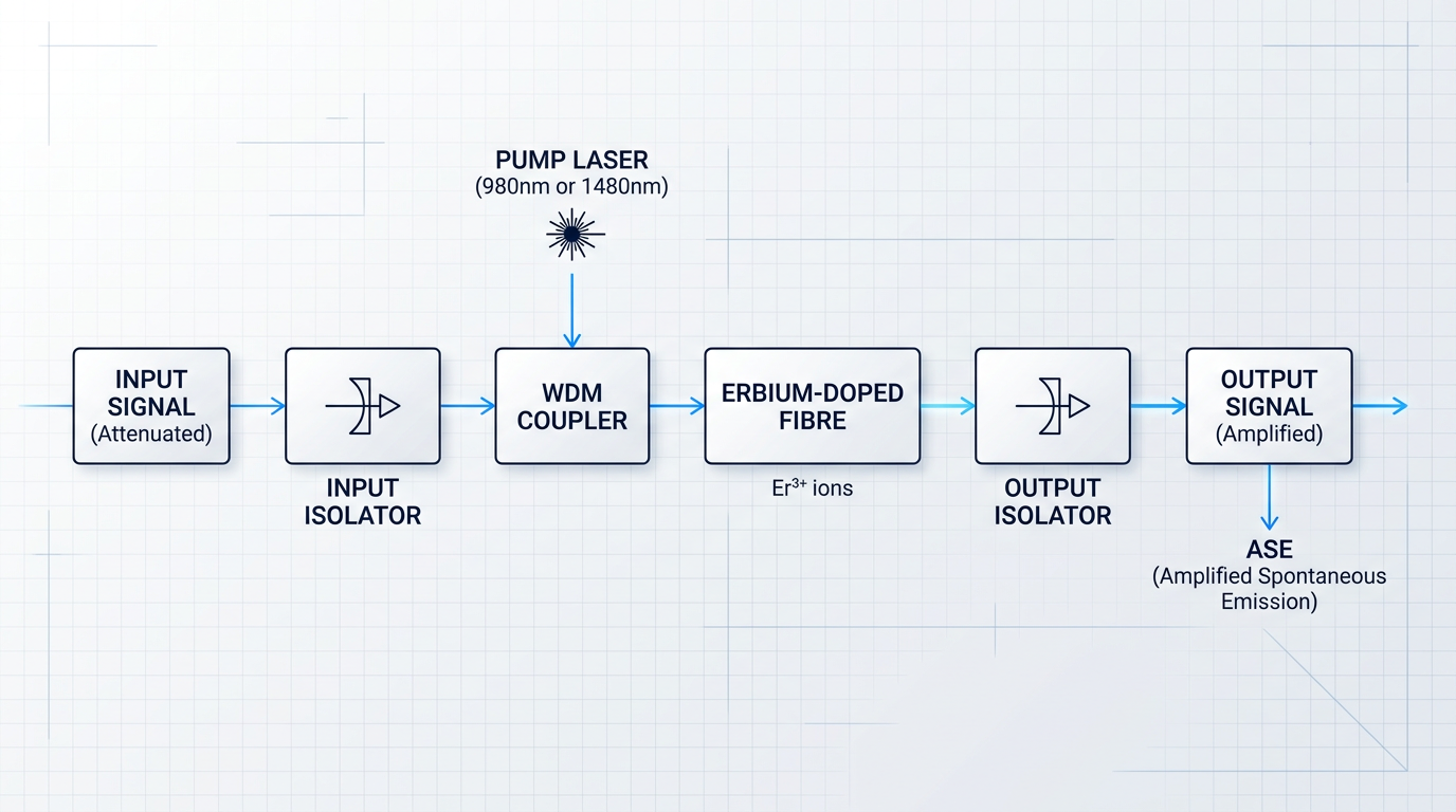 EDFA block diagram showing left-to-right signal flow: input signal through input isolator, pump laser injection via WDM coupler into erbium-doped fibre gain stage, through output isolator, to amplified output signal with ASE byproduct branching downward.