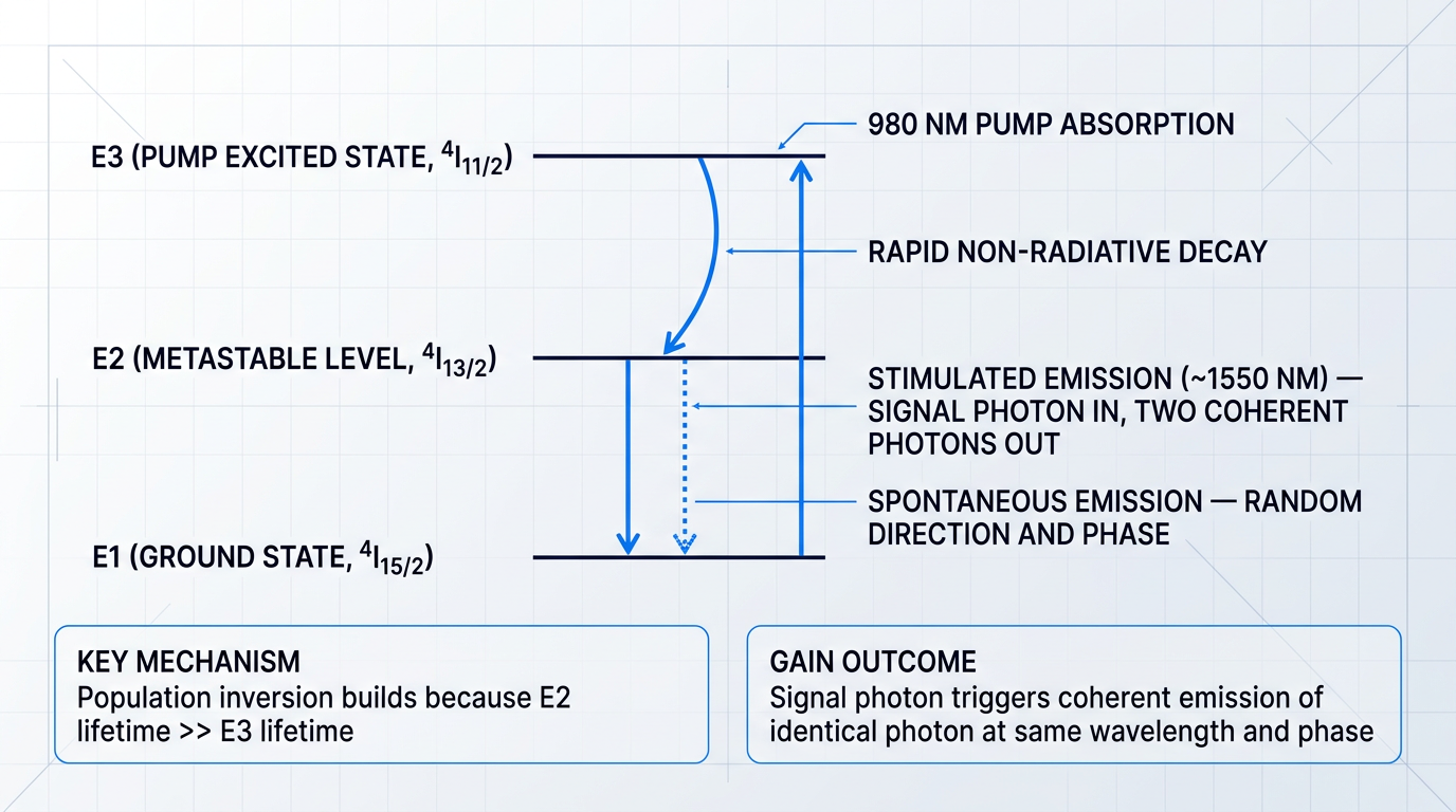 Energy level diagram showing three Er3+ states (E1, E2, E3) with four transition pathways: 980 nm pump absorption, non-radiative decay, stimulated emission, and spontaneous emission.