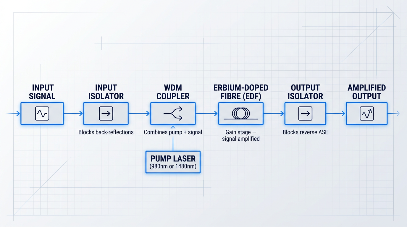 EDFA block diagram showing six sequential components connected by directional arrows: input signal, input isolator, WDM coupler with pump laser injection, erbium-doped fibre, output isolator, and amplified output signal.