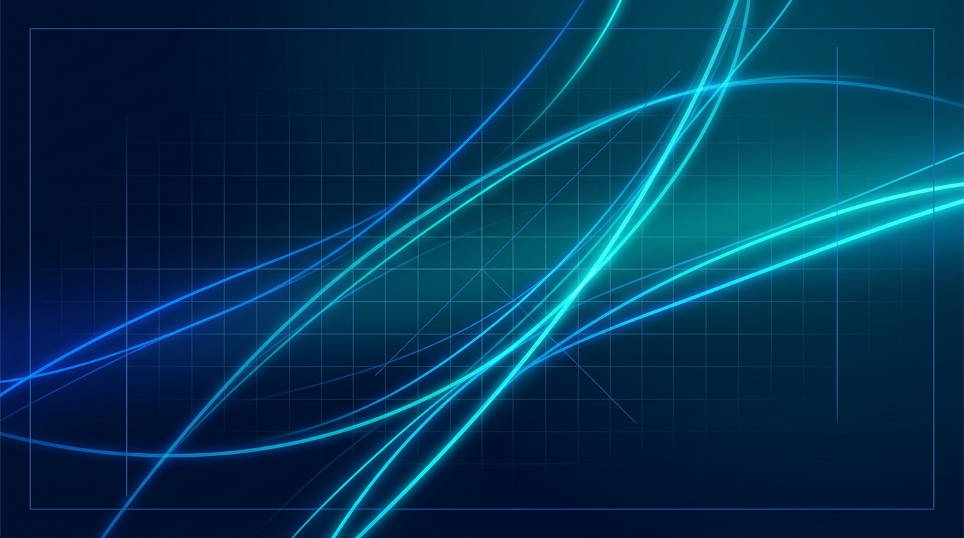 Abstract fiber optic light paths in electric blue and cyan flowing diagonally across deep navy and teal gradient background with faint geometric grid pattern and construction lines suggesting optical engineering precision.