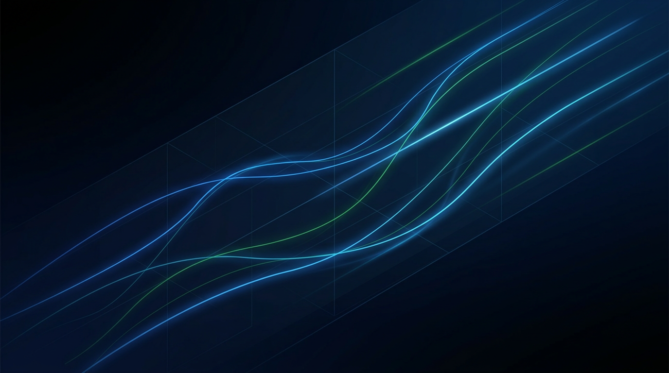 Abstract fiber optic transmission environment with luminous electric blue and cyan light paths flowing diagonally across deep navy background, interspersed with faint green accent lines representing Erbium emission wavelengths, suggesting amplified light propagating through optical waveguide.