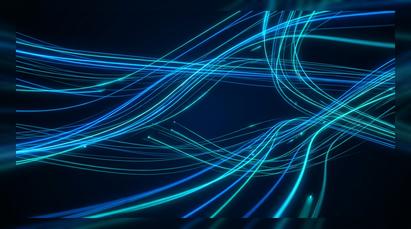 Abstract glowing optical fiber strands in electric blue and cyan-teal light trails flowing across a deep navy background, conveying fiber-optic transmission and photonics precision.
