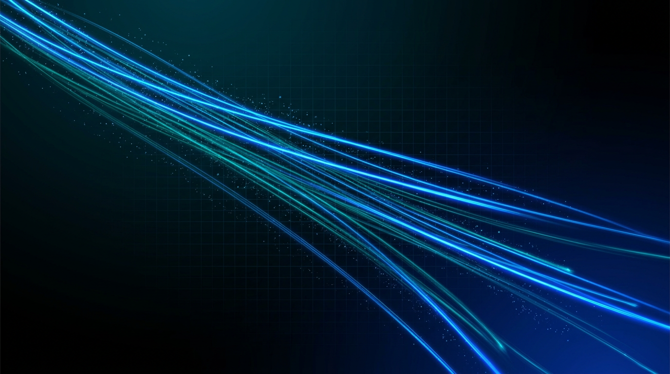 Abstract glowing optical fibre strands emitting electric blue and teal light traces against a near-black background, suggesting high-power laser propagation through engineered photonic channels.