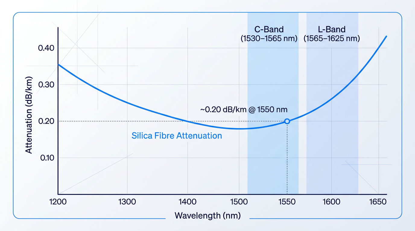Technical graph showing silica fiber attenuation curve from 1200–1650 nm with minimum at 1550 nm (0.20 dB/km), overlaid with C-band and L-band EDFA gain windows.