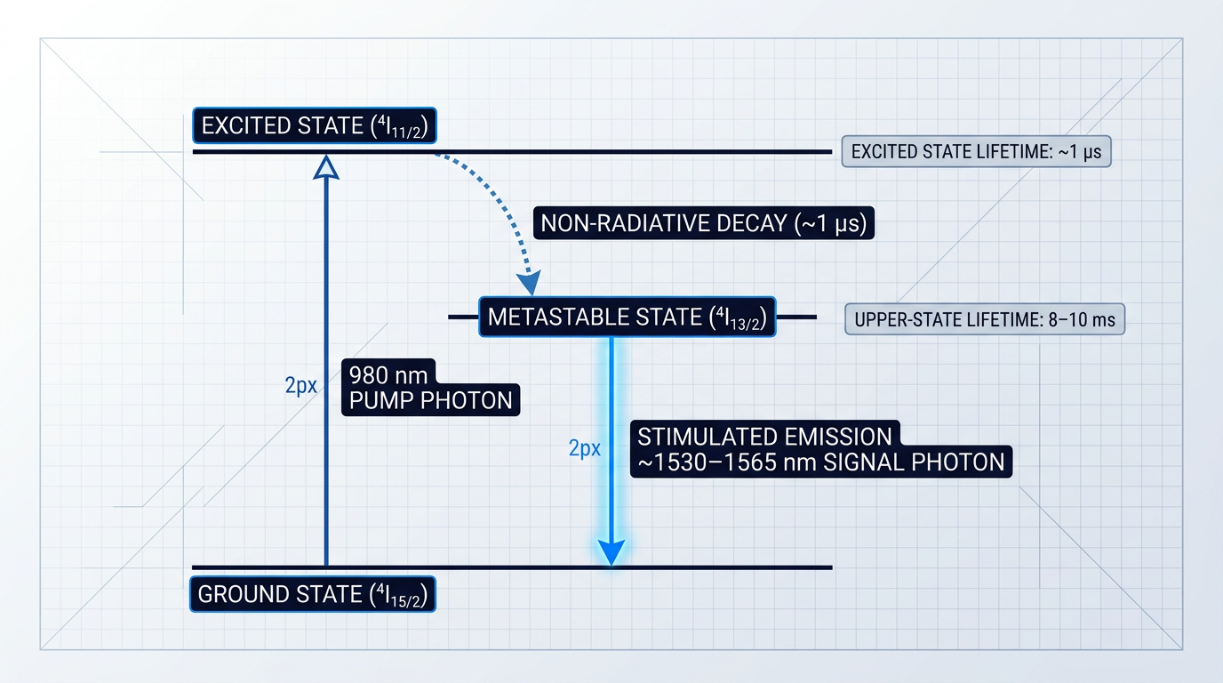 Three-level energy diagram for erbium ions showing ground state (⁴I₁₅/₂) at bottom, excited state (⁴I₁₁/₂) at top, and metastable state (⁴I₁₃/₂) in middle, with annotated transitions: 980 nm pump photon excitation, non-radiative decay to metastable level, and stimulated emission at 1530–1565 nm returning to ground state.