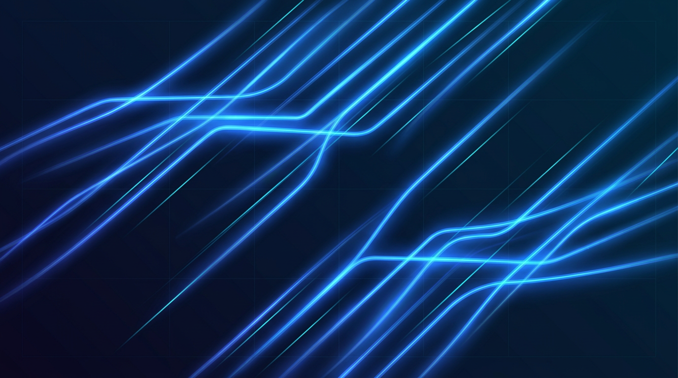 Abstract glowing fiber-optic strands propagating diagonally across deep navy background, emitting electric blue light with soft halos suggesting photonic energy transmission through optical glass.