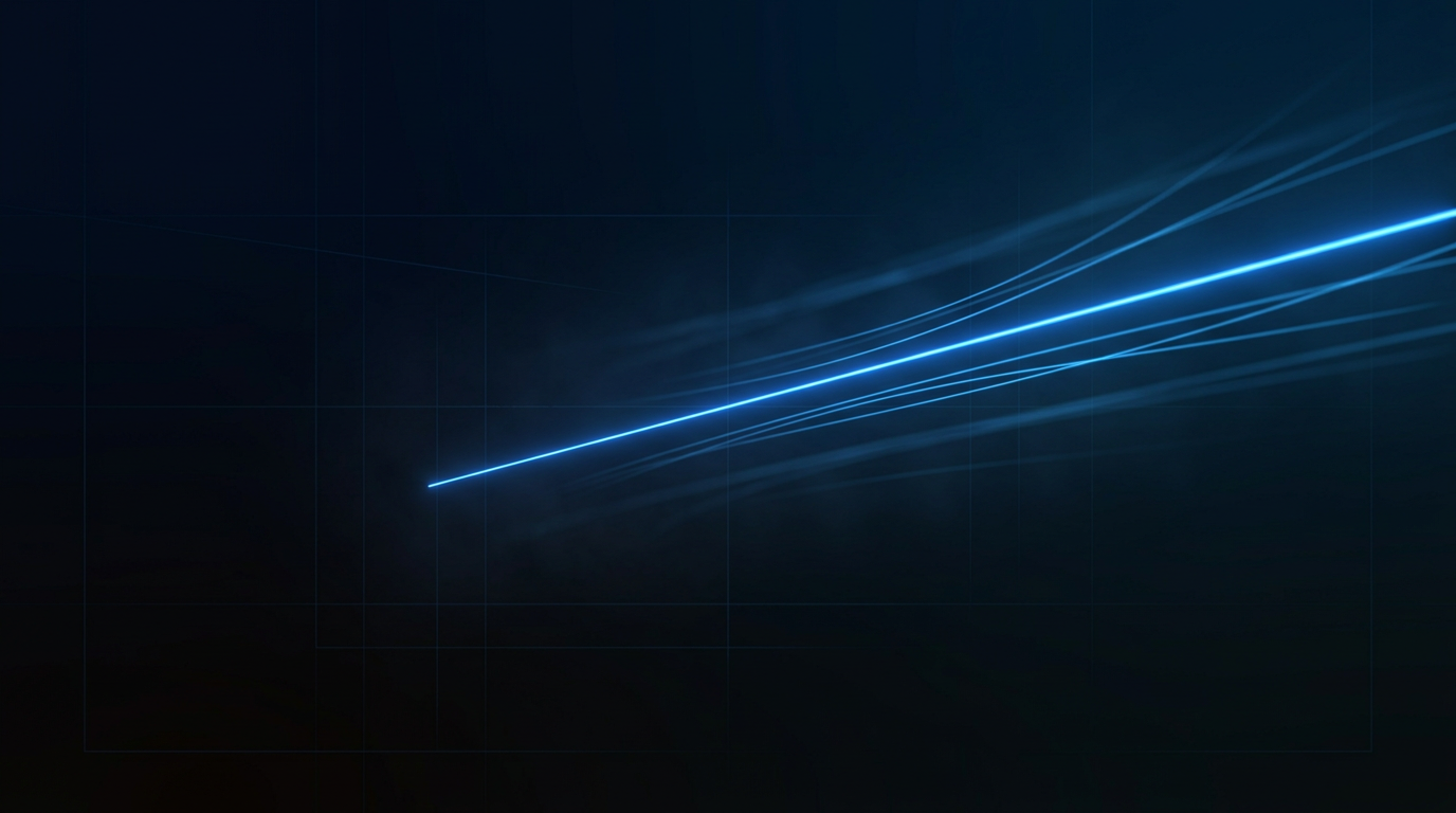 Deep dark gradient background with electric blue laser beam propagating diagonally across frame, surrounded by luminescent fiber optic threads suggesting optical communication networks.