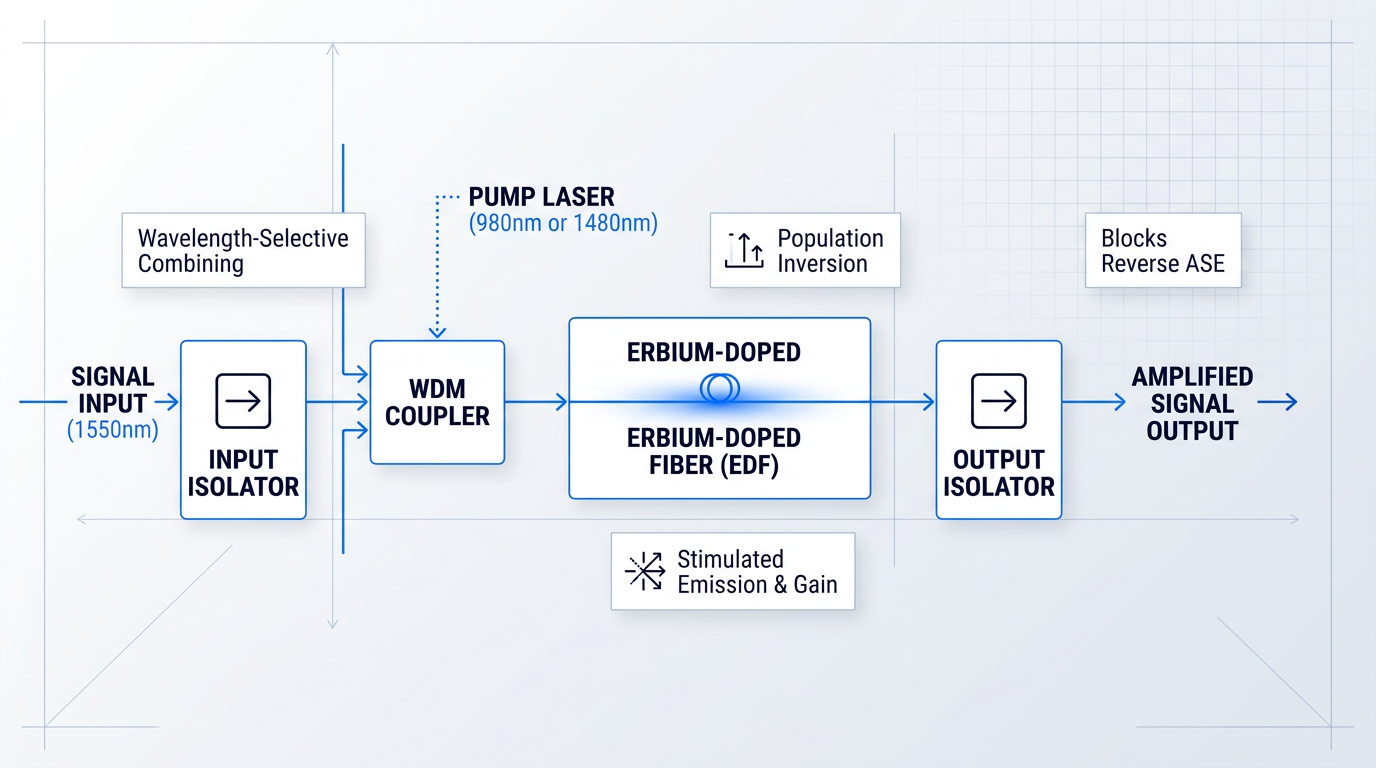 EDFA signal path diagram showing five sequential components: input isolator, WDM coupler combining pump and signal wavelengths, erbium-doped fiber with amplification zone, output isolator, and amplified signal output, connected by electric blue flow lines.