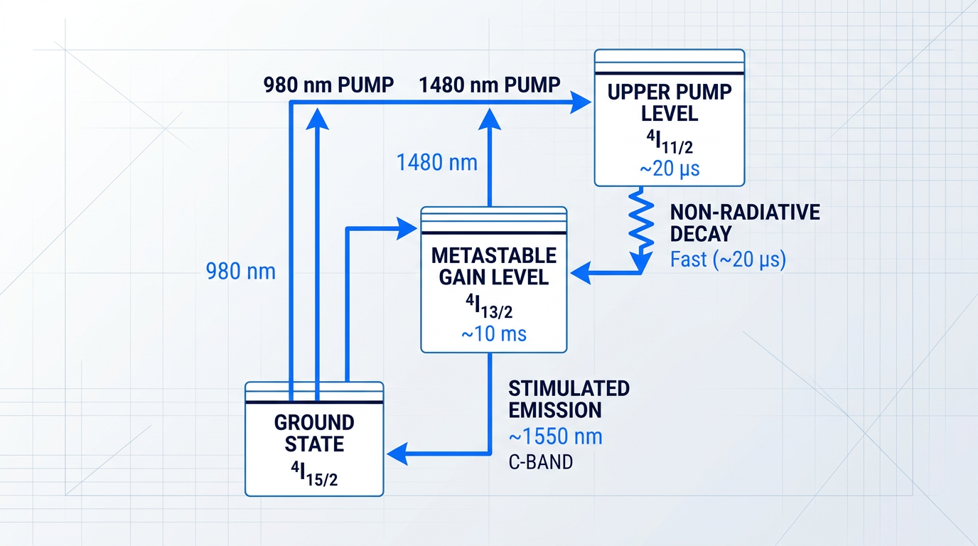 Energy level diagram showing three erbium ion states: ground state (⁴I₁₅/₂) at bottom, metastable gain level (⁴I₁₃/₂) in middle, upper pump level (⁴I₁₁/₂) at top. Upward arrows labeled 980 nm and 1480 nm show pump transitions from ground state. Wavy downward arrow shows rapid non-radiative decay from upper pump to metastable level. Long downward arrow shows stimulated emission at 1550 nm from metastable level to ground state.