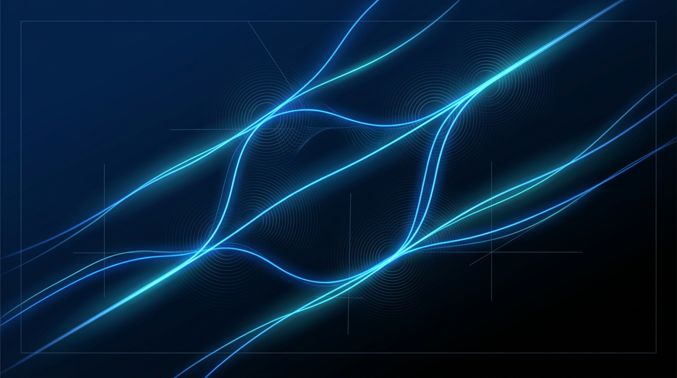 Deep blue photonics environment with glowing fiber optic strands flowing diagonally, branching and merging to suggest signal amplification through erbium-doped fiber amplifier technology.