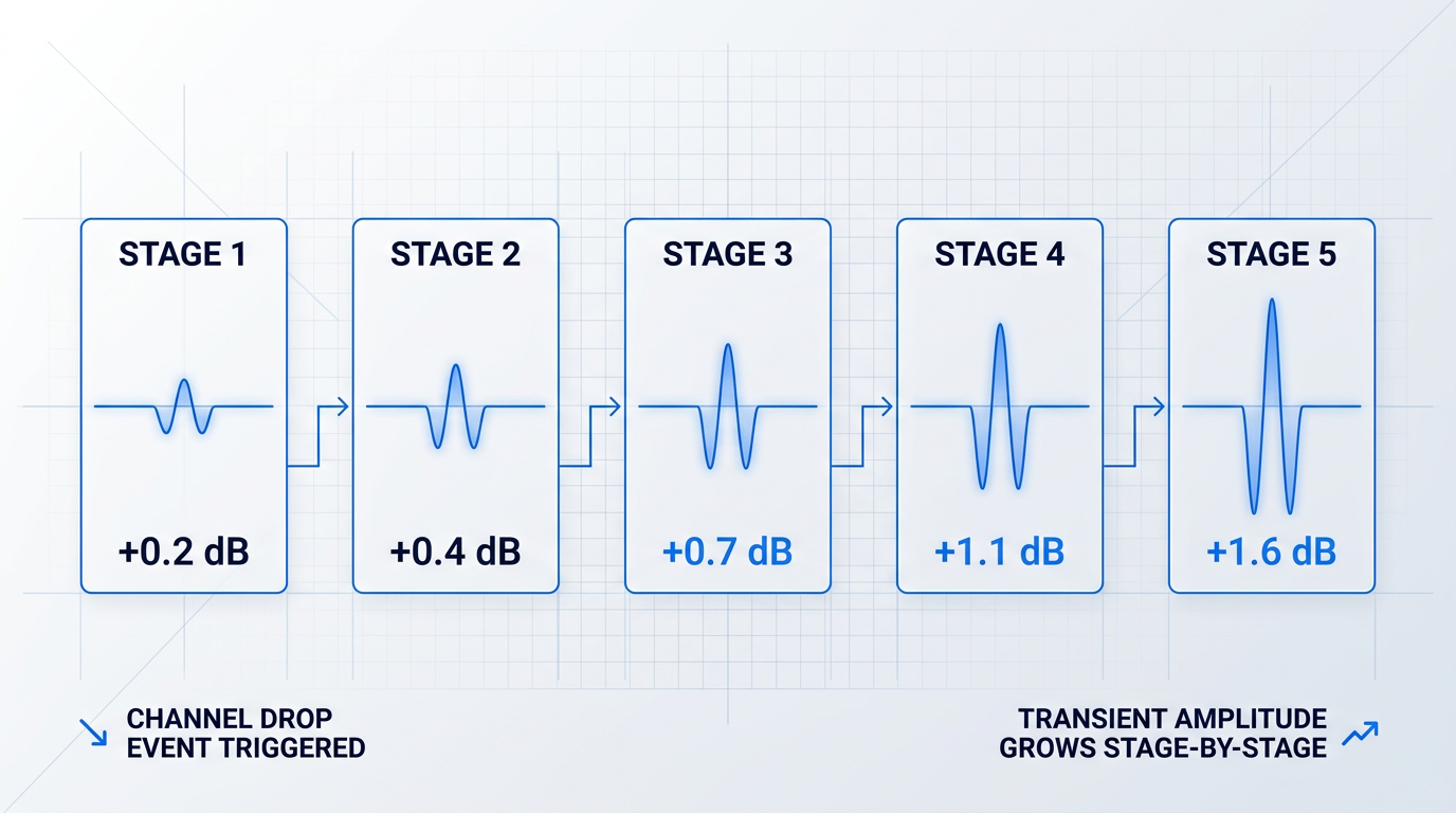 Five-stage cascaded EDFA chain flow showing power transient accumulation following a channel drop event, with waveform peaks growing from 0.2 dB to 1.6 dB across successive amplifier stages connected by directional arrows.