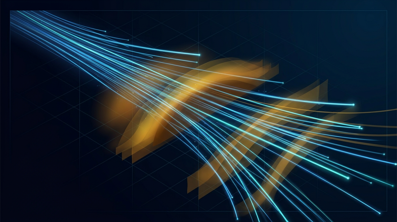 Deep navy background with glowing electric blue and cyan fiber optic strands flowing diagonally, interspersed with warm amber wavelength spectrum bands evoking erbium-doped fiber amplifier technology and C-band optical communications.