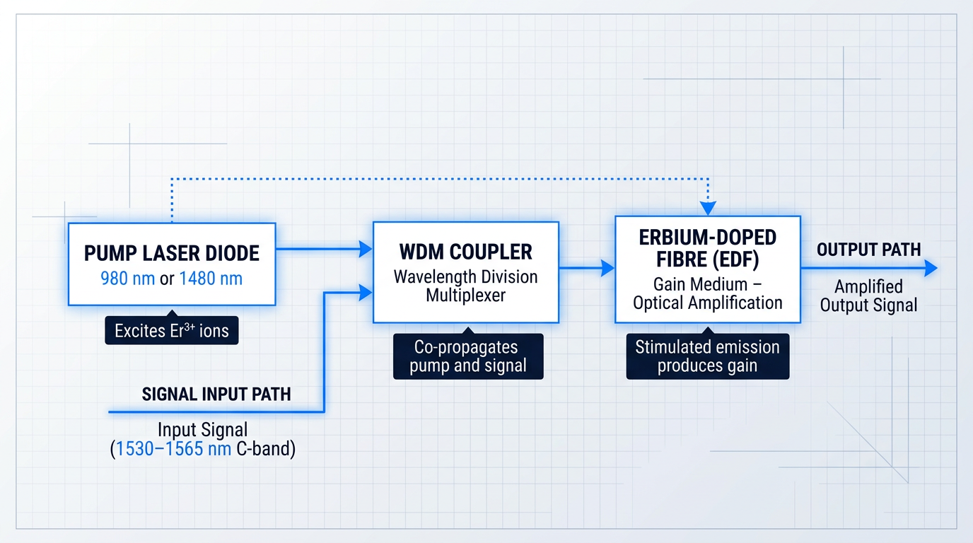 Block diagram of EDFA system showing left-to-right signal flow: pump laser diode (980 nm or 1480 nm) feeding into WDM coupler alongside input signal, combined output entering erbium-doped fibre gain medium, amplified signal emerging at output with annotated energy transfer pathways.