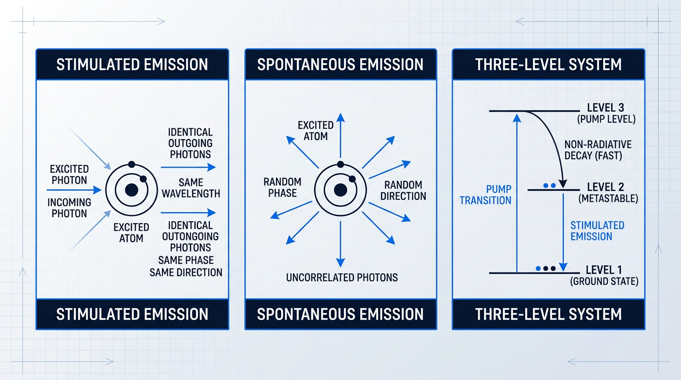 Three-panel quantum process diagram: left panel shows stimulated emission with identical outgoing photons matching incoming photon wavelength and phase; center panel shows spontaneous emission with photons radiating randomly; right panel shows three-level energy system with pump transition to level 3, non-radiative decay to metastable level 2, and stimulated emission to ground state.
