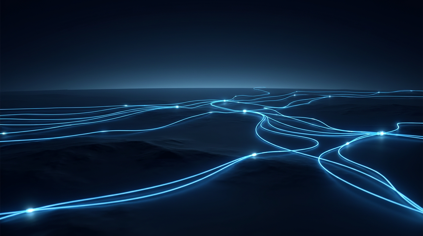 Dark landscape with glowing electric blue fiber optic strands crisscrossing across terrain, representing long-haul optical network infrastructure with amplified signal transmission across vast distances.