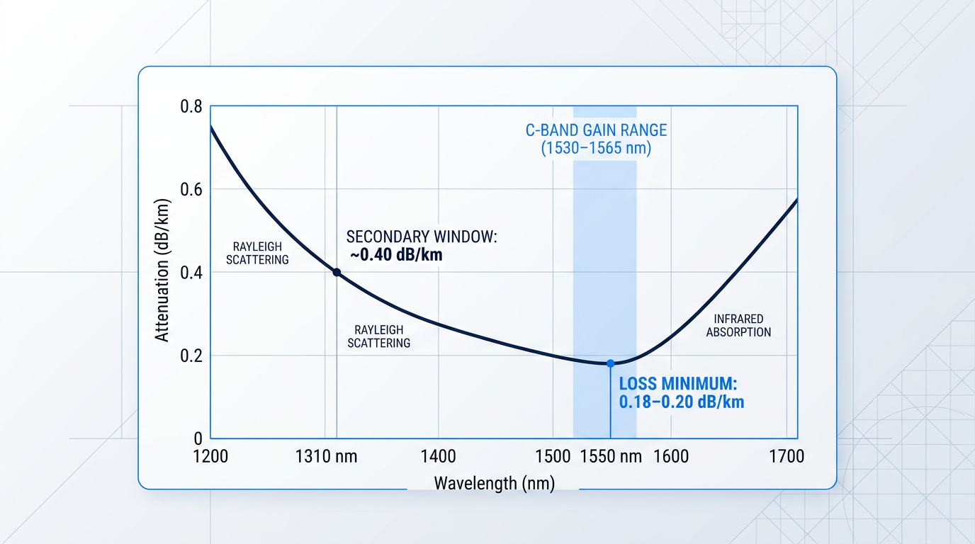 Technical chart of silica fibre attenuation spectrum showing V-shaped loss curve with Rayleigh scattering at short wavelengths, infrared absorption at long wavelengths, loss minimum at 1550 nm (0.18–0.20 dB/km), secondary window at 1310 nm (0.40 dB/km), and erbium C-band gain range (1530–1565 nm) shaded over the loss minimum.